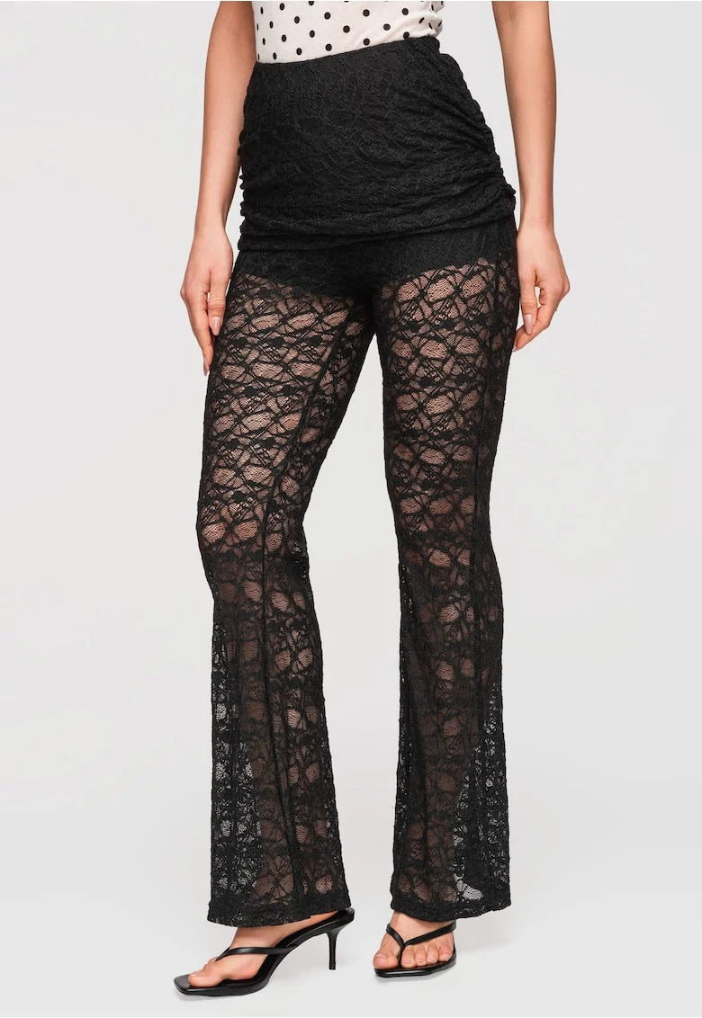 Pantaloni Lunga Dantela Transparenta cu Talie Inalta si Croiala Flare, Negru