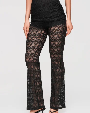 Pantaloni Lunga Dantela Transparenta cu Talie Inalta si Croiala Flare, Negru
