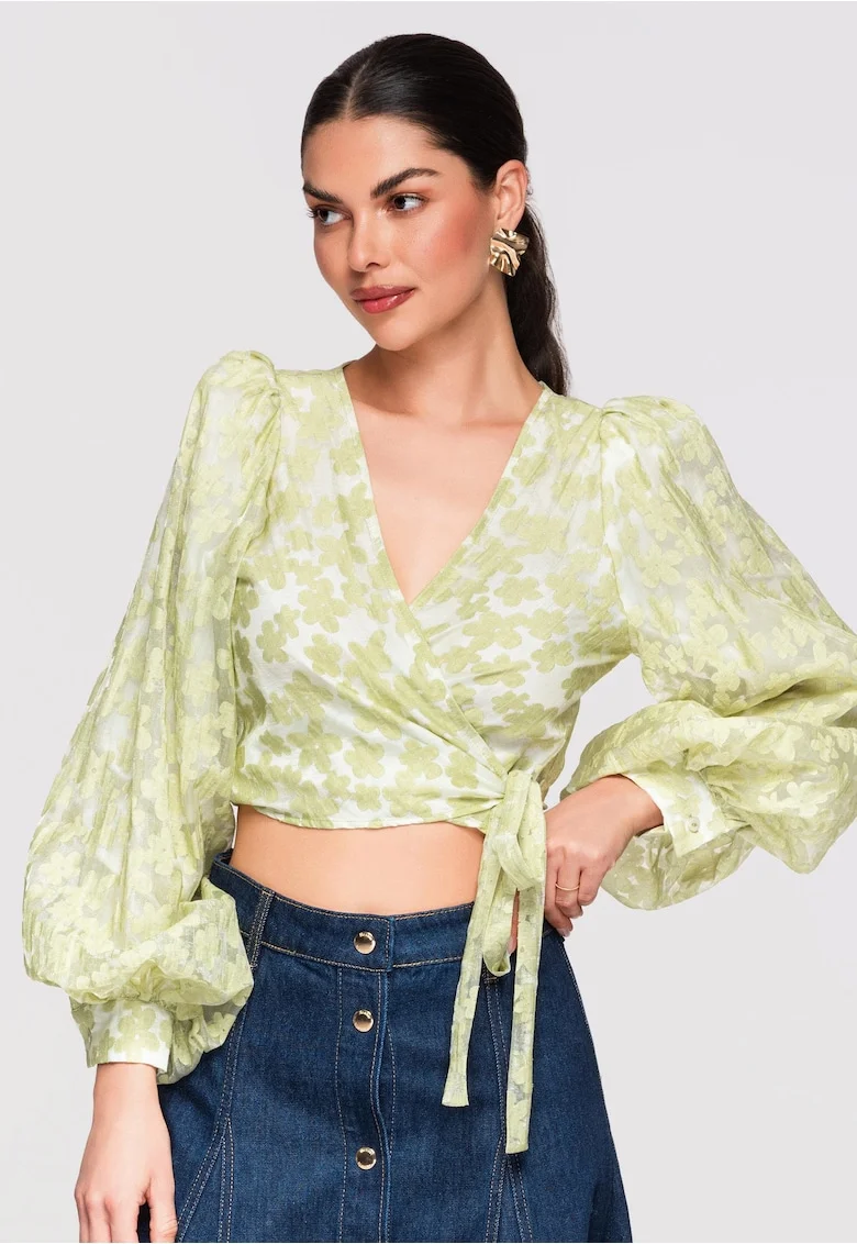 Bluza tip ie, cu maneci bufante, material semi-transparent si croiala cambrata, Verde
