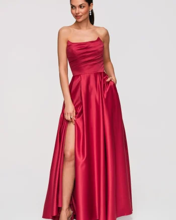 Rochie Maxi de Seara Eleganta, Croiala Ampla, Material Satinat Lucios, Rosu