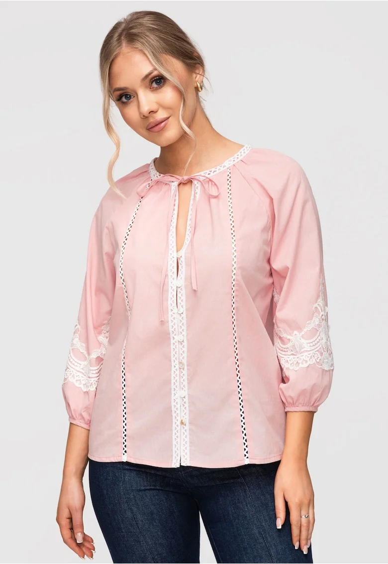 Camasa Dama Lejera Bumbac cu Detalii Brodate Stil Boho Romantic, Roz