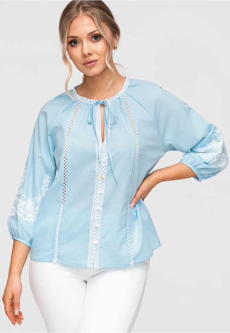 Camasa Dama Lejera Bumbac cu Detalii Brodate Stil Boho Romantic, Albastru