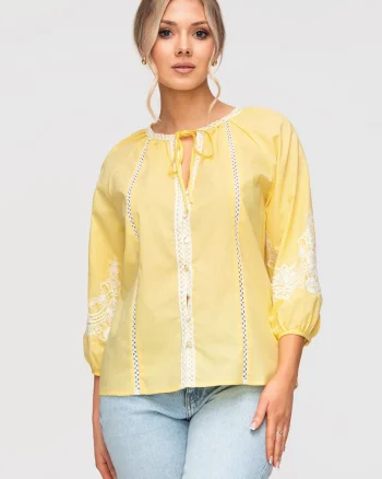 Camasa Dama Lejera Bumbac cu Detalii Brodate Stil Boho Romantic, Galben