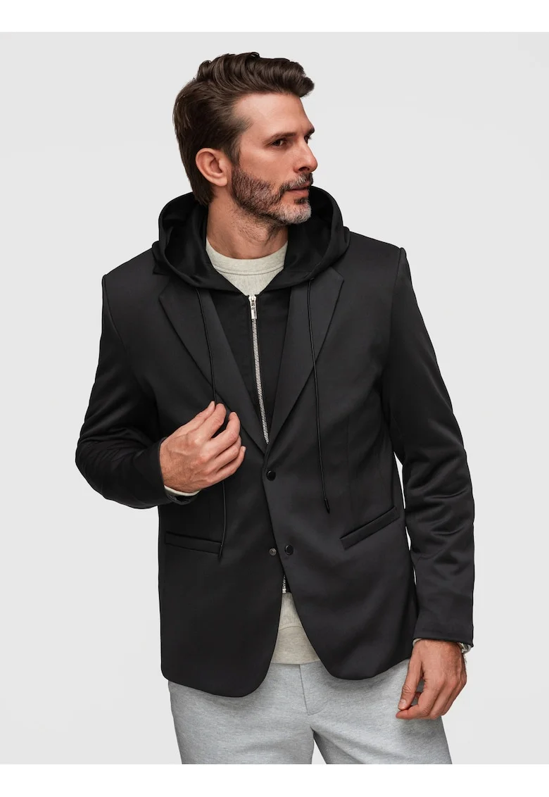 Sacou Barbati Elegant cu Gluga Ajustabila si Inchidere cu Capse, Negru