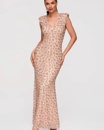 Rochie Maxi de Seara cu Paiete Elegante, Croiala Slim-Fit, Bej