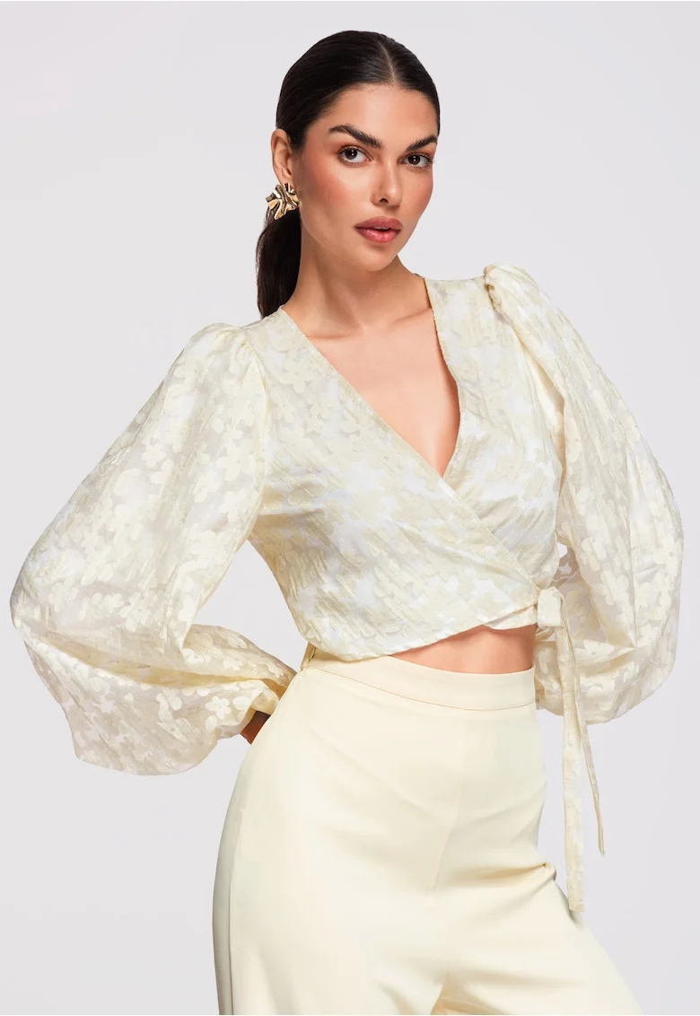 Bluza tip ie, cu maneci bufante, material semi-transparent si croiala cambrata, Bej