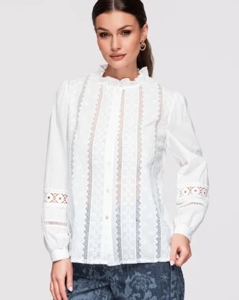 Camasa dama eleganta, bumbac cu broderie, croiala lejera, Alb