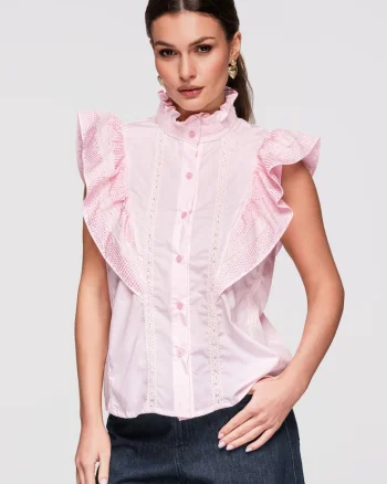 Camasa dama eleganta din bumbac cu detalii romantice si croiala lejera, Roz