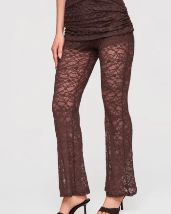 Pantaloni Lunga Dantela Transparenta cu Talie Inalta si Croiala Flare, Maro