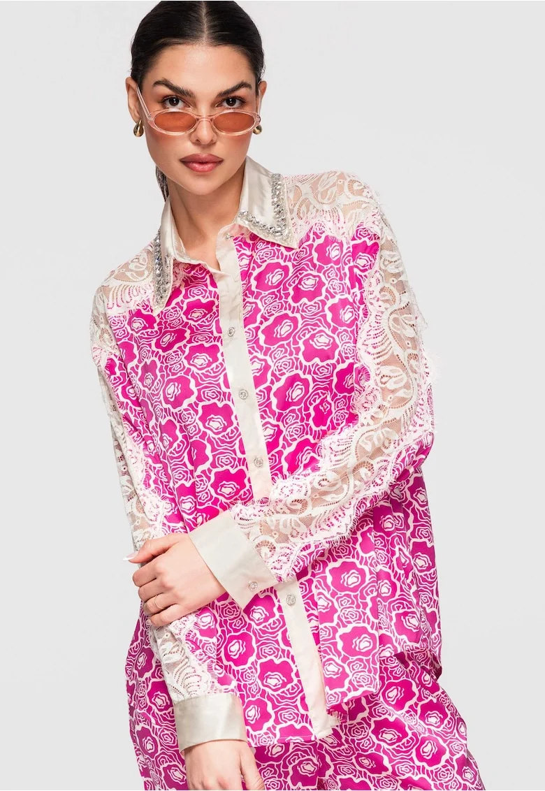 Camasa dama eleganta cu detalii transparente si aplicatii florale, croiala lejera, Fucsia