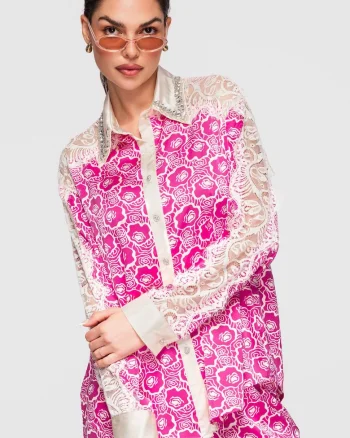 Camasa dama eleganta cu detalii transparente si aplicatii florale, croiala lejera, Fucsia