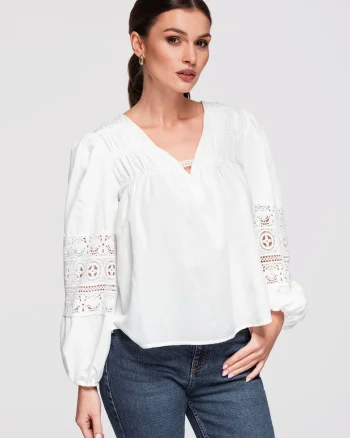 Bluza dama vaporoasa cu detalii crosetate, bumbac si viscoza, stil boho, Alb