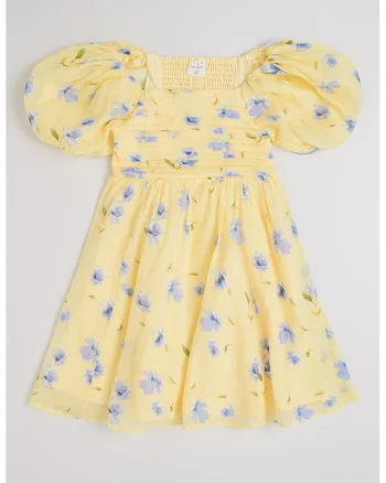 Rochie cu maneci bufante si imprimeu floral, Galben