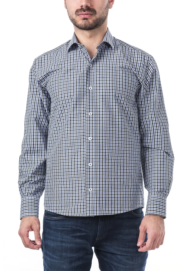 Camasa regular fit din bumbac cu model in carouri, Alb/Kaki/Bleumarin