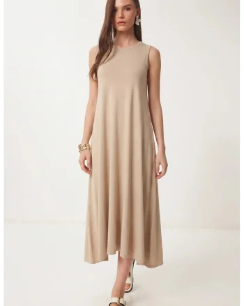 Rochie midi, Happiness Istanbul, A-Line, cu buzunar, bej natural, bumbac/elastan
