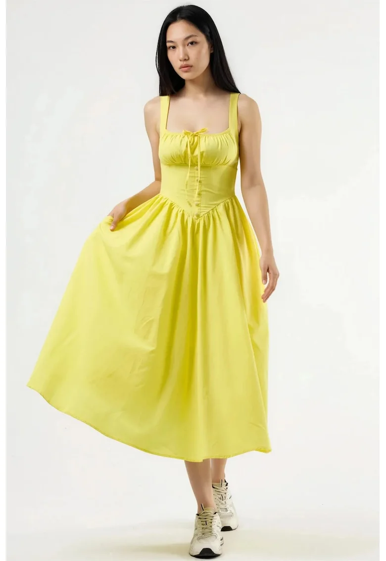 Rochie Midi  guler patrat, cu nasturi, bumbac/poliester, Galben lamaie