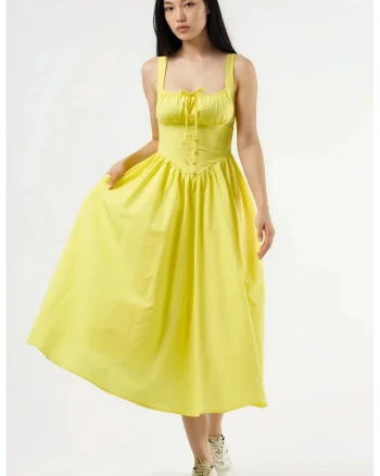 Rochie Midi  guler patrat, cu nasturi, bumbac/poliester, Galben lamaie