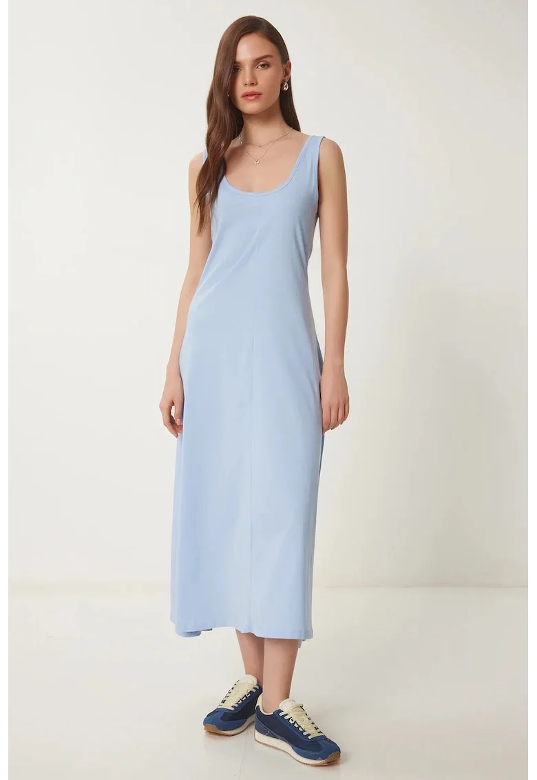 Rochie midi, Happiness Istanbul, decolteu in U, albastru, bumbac