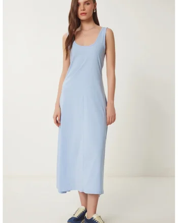 Rochie midi, Happiness Istanbul, decolteu in U, albastru, bumbac