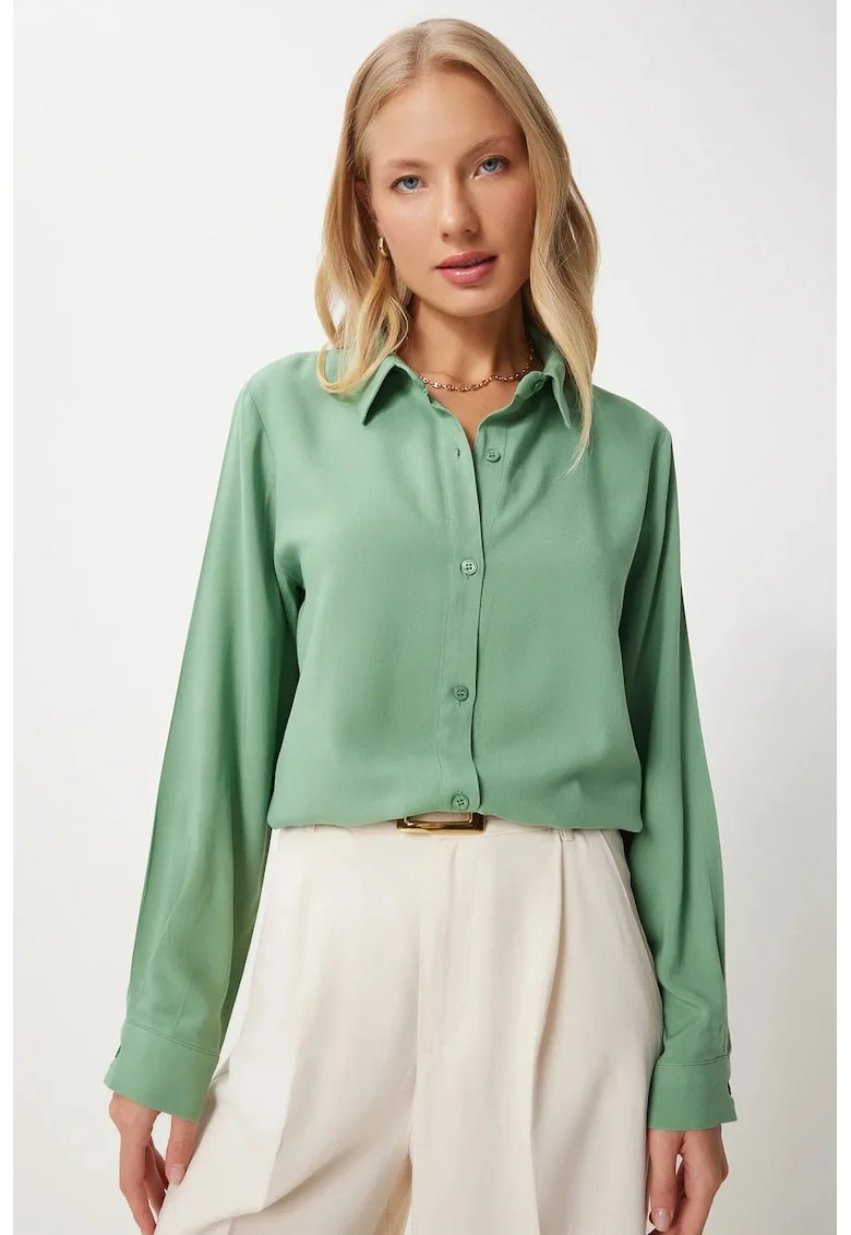 Camasa dama, Happiness Istanbul, poplin, verde kaki, maneca lunga, 100% viscoza
