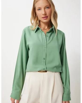 Camasa dama, Happiness Istanbul, poplin, verde kaki, maneca lunga, 100% viscoza