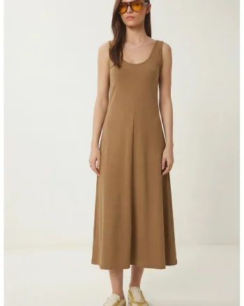 Rochie Midi, Happiness Istanbul, guler in U, bumbac, maro