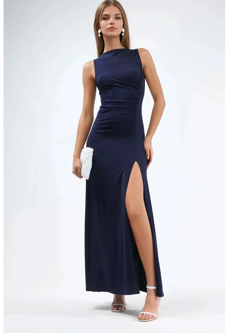 Rochie Maxi  decolteu barca, croiala in A, bleumarin, poliester/elastan
