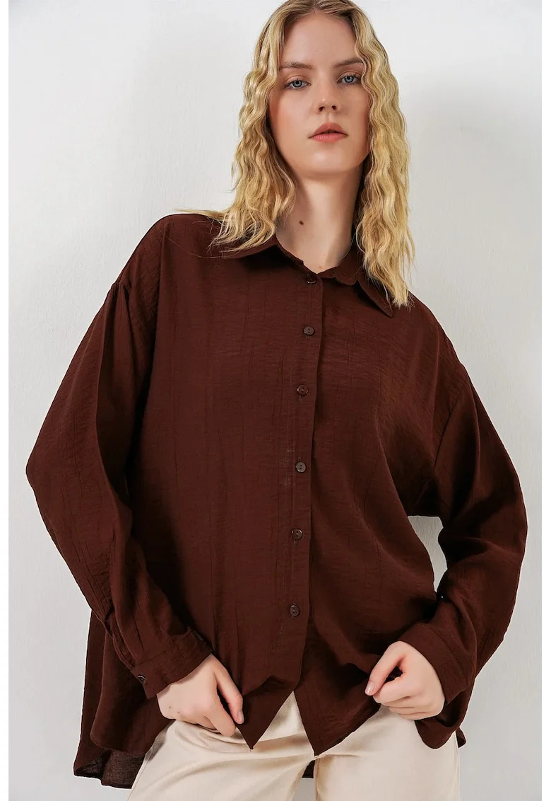 Camasi dama,  camasa supradimensionata, maneca lunga, maro mocha, poliester-bumbac