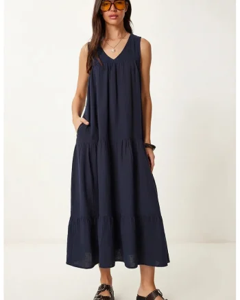 Rochie midi Happiness Istanbul, cu volane, bleumarin, bumbac