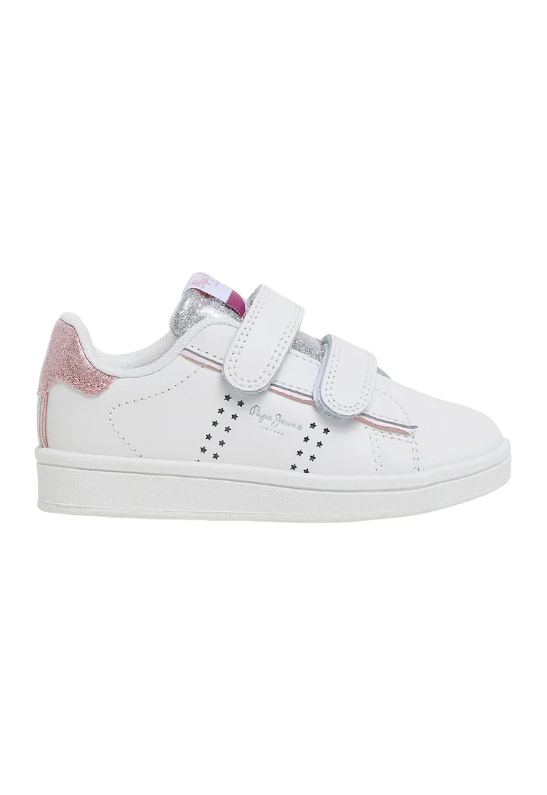 Pantofi sport cu velcro si insertii stralucitoare, Alb/Roz prafuit