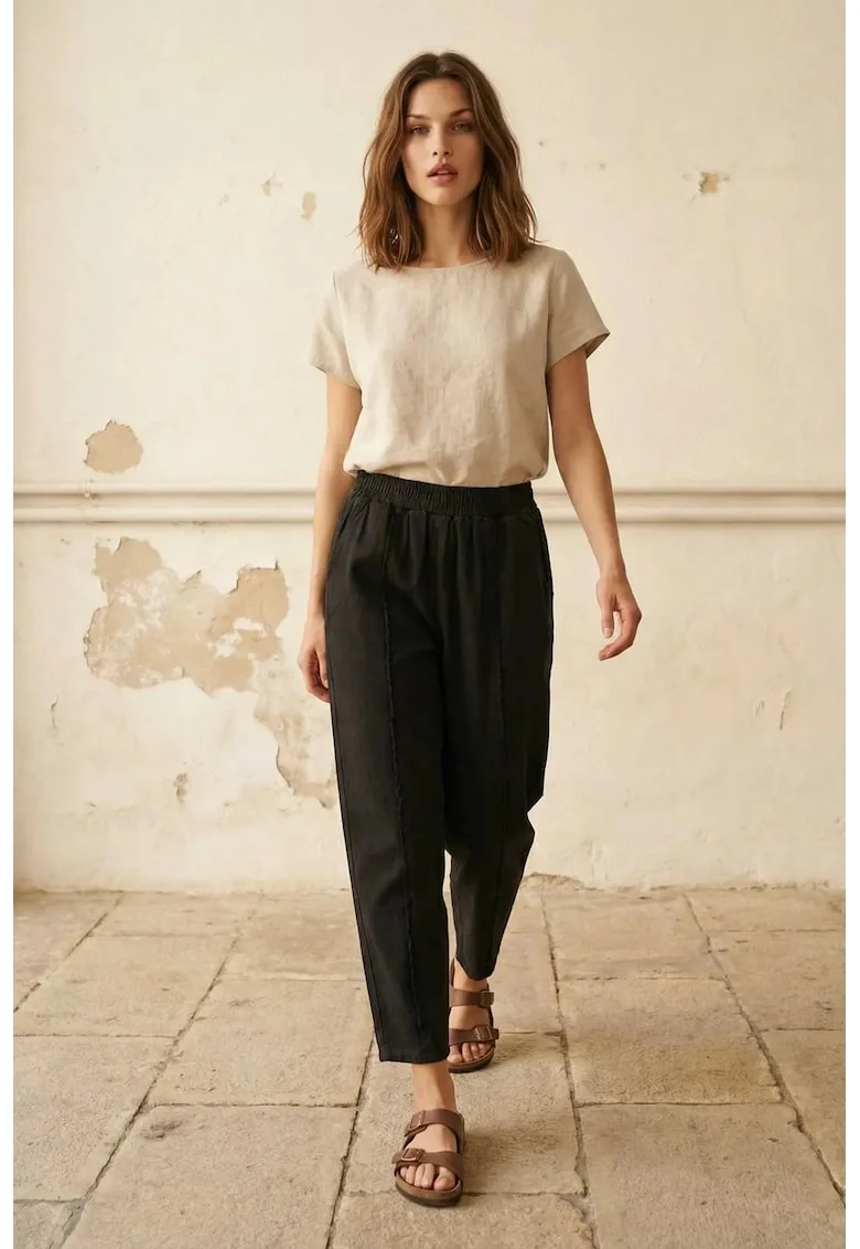 Pantaloni dama  talie elastica, croiala dreapta, negru, bumbac