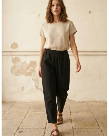 Pantaloni dama  talie elastica, croiala dreapta, negru, bumbac