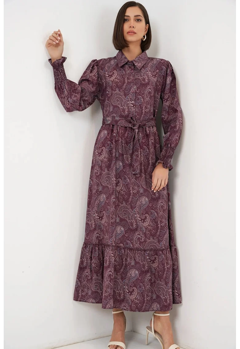 Rochie camasa midi  imprimeu paisley, rosu burgundy, maneca lunga, cu curea, 80% viscoza,