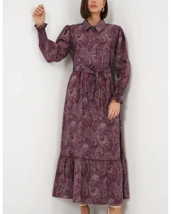 Rochie camasa midi  imprimeu paisley, rosu burgundy, maneca lunga, cu curea, 80% viscoza,