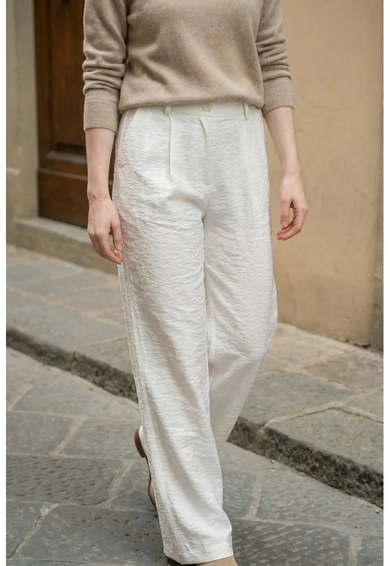 Pantaloni dama,  talie inalta, croiala larga, alb, poliester