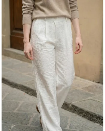 Pantaloni dama,  talie inalta, croiala larga, alb, poliester