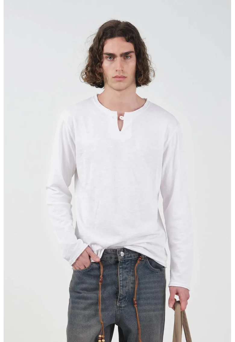Bluza barbati,  bumbac, guler rotund, detalii cu nasturi, alb