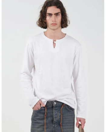 Bluza barbati,  bumbac, guler rotund, detalii cu nasturi, alb