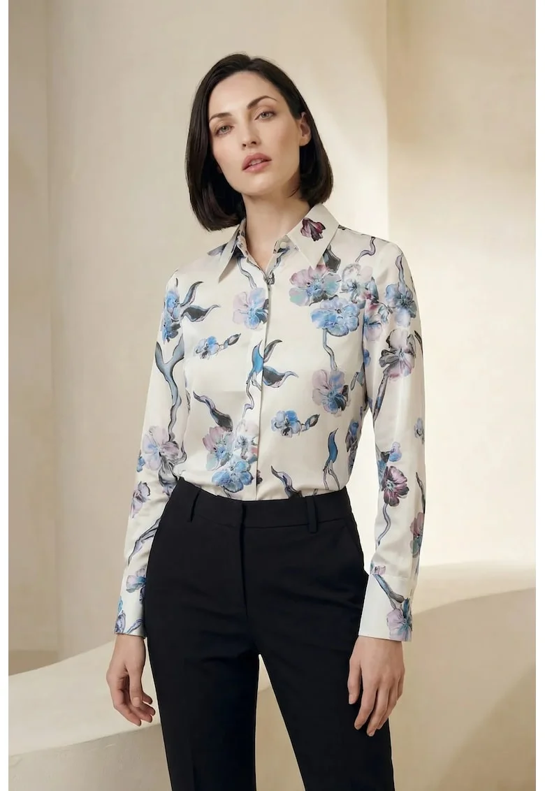 Camasa dama,  imprimeu floral, albastru cerulean, 100% poliester, maneca lunga
