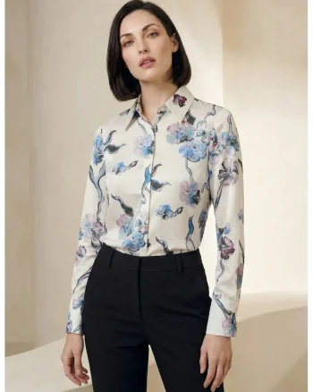 Camasa dama,  imprimeu floral, albastru cerulean, 100% poliester, maneca lunga