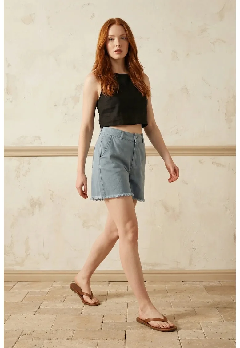 Pantaloni scurti,  talie inalta, albastru deschis, bumbac