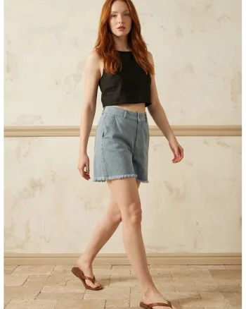 Pantaloni scurti,  talie inalta, albastru deschis, bumbac