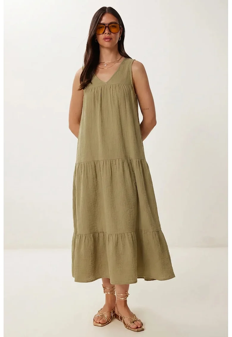 Rochie midi Happiness Istanbul, cu volane, decolteu in V, bumbac, Verde masliniu