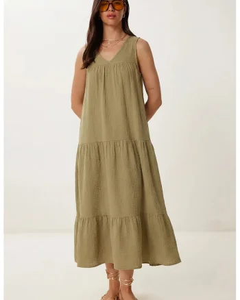 Rochie midi Happiness Istanbul, cu volane, decolteu in V, bumbac, Verde masliniu