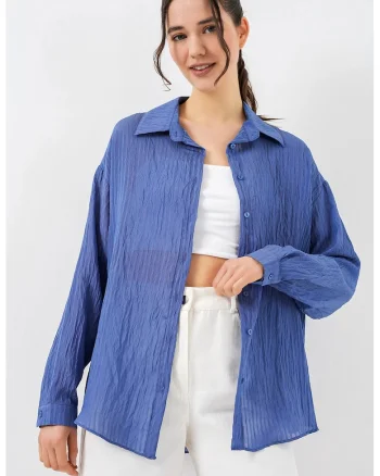 Camasi dama,  camasa texturata cu maneca lunga, Oxford Blue, lejer, 80% viscoza, 20% nailon