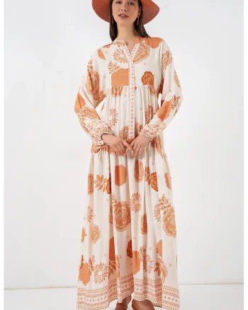 Rochie maxi  decolteu in V, portocaliu, viscoza, maneca lunga