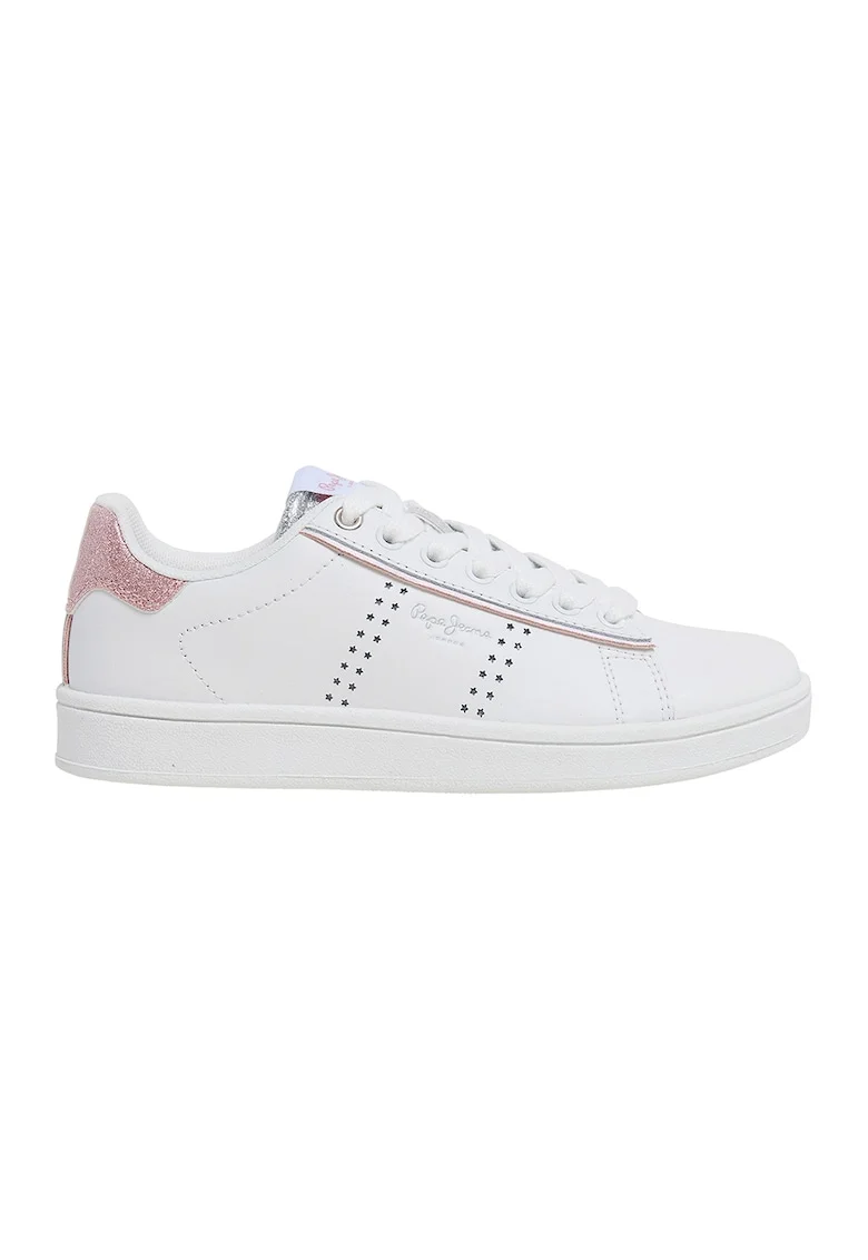 Pantofi sport de piele cu insertii stralucitoare, Alb/Roz prafuit