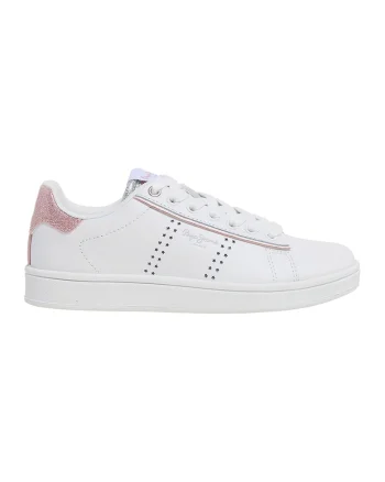 Pantofi sport de piele cu insertii stralucitoare, Alb/Roz prafuit