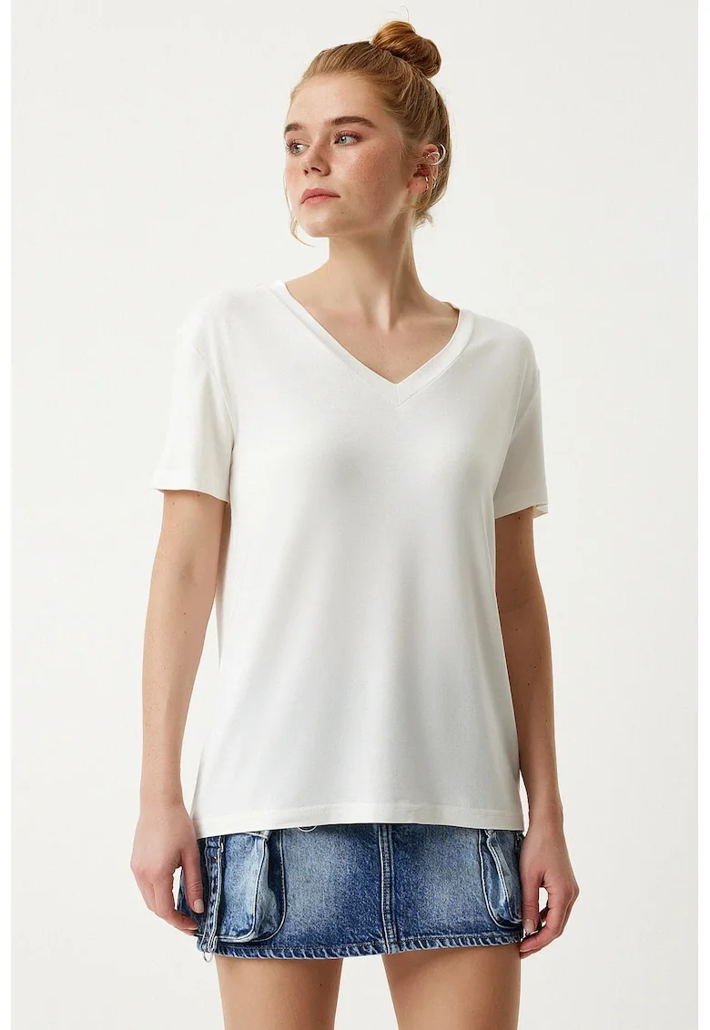 Tricou dama, Happiness Istanbul, simplu, maneca scurta, alb, viscoza-elastan,