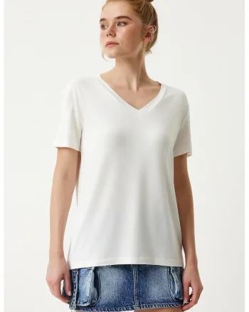 Tricou dama, Happiness Istanbul, simplu, maneca scurta, alb, viscoza-elastan,